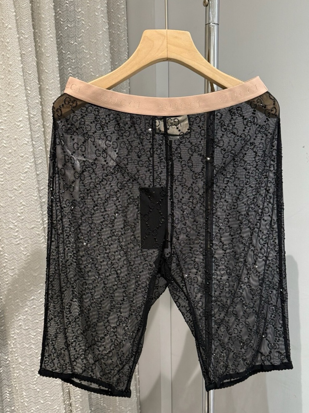 🚩steal Gucci Black Sheer GG Lace Boxer Shorts with Blush Waistband